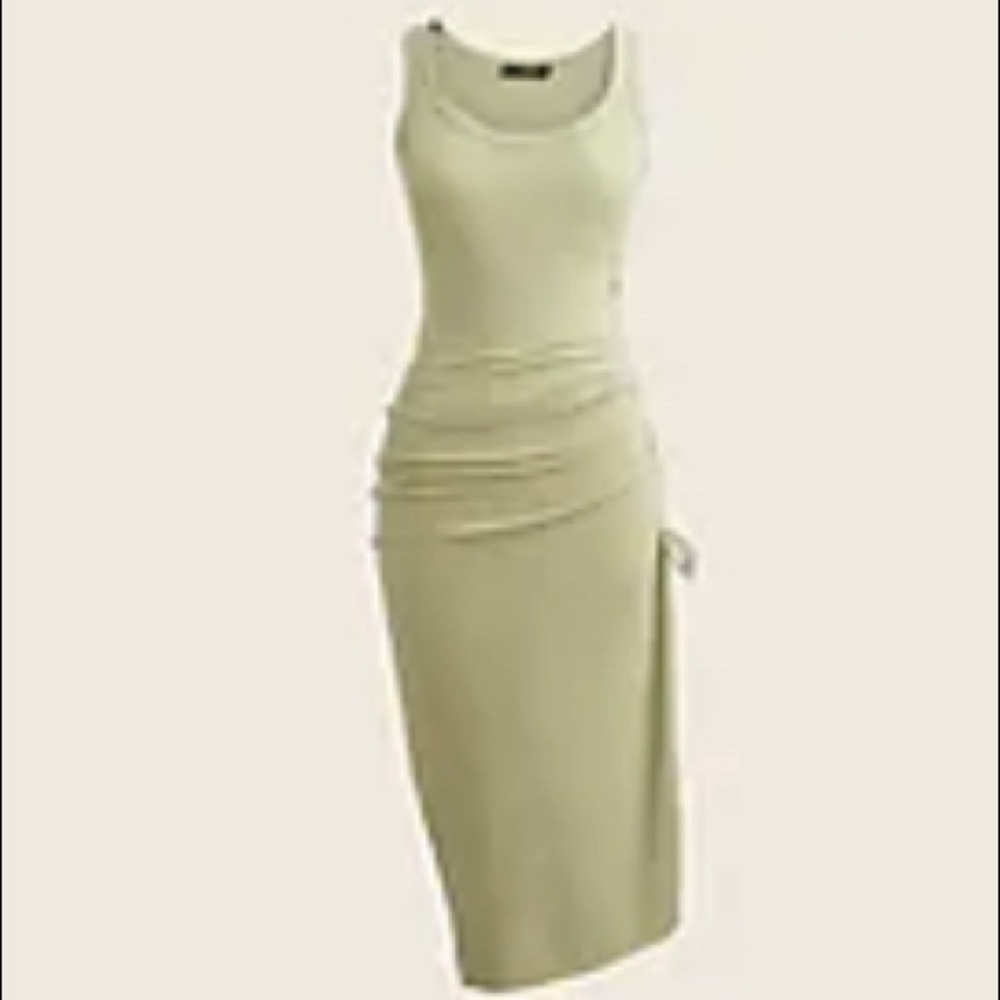 JCrew Pistachio Side-ruched midi dress and necklace
